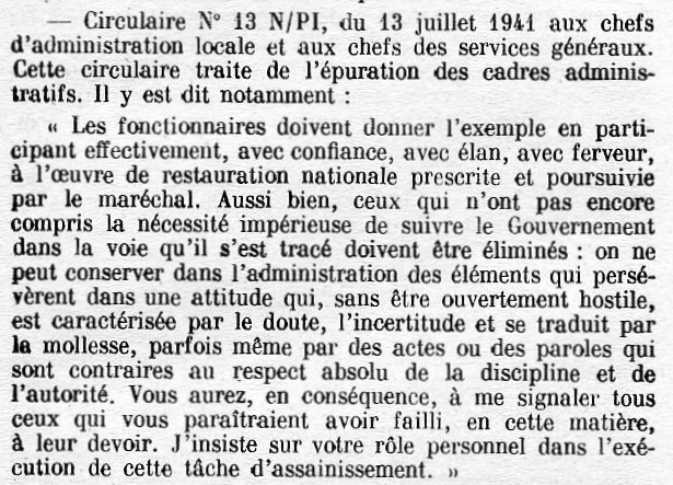 Circulaire Decoux sur l'épuration des cadres administratifs