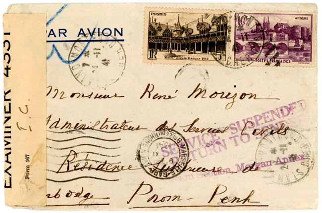Lettre de Saint-Amand Monron (zone libre) pour Pnom Penh arrêtée  sur le trajet à cause de Pearl harbor