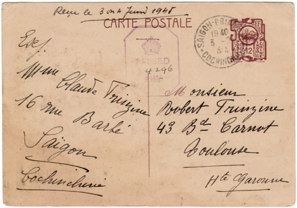 Carte entier Baie d'Along 12cts  janvier 1944