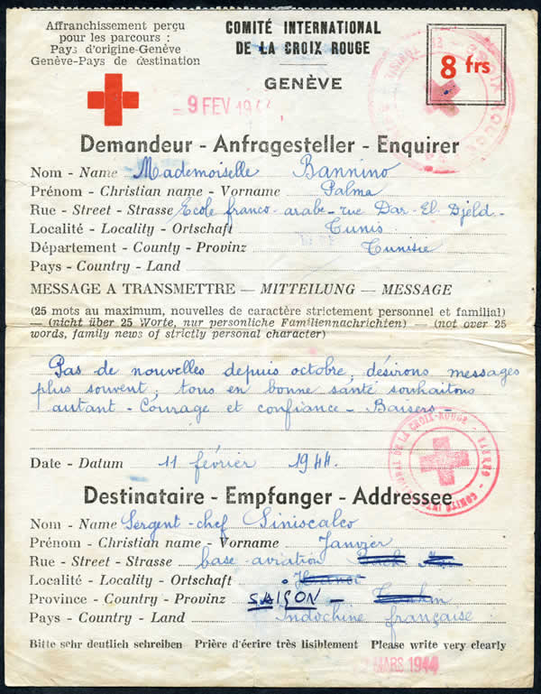 Message Croix-Rouge de Tunisie pour l'Indochine