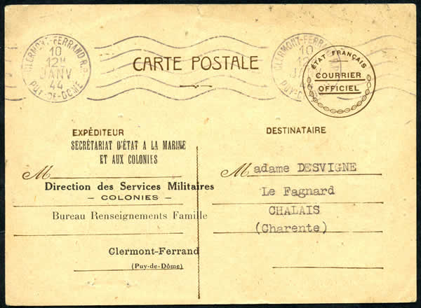 Message du Secrétariat aux colonies section militaire