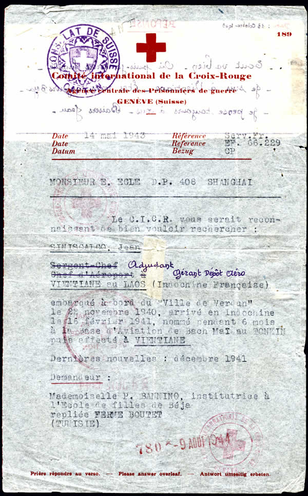 Message croix-rouge papier de Tunis à Vientiane