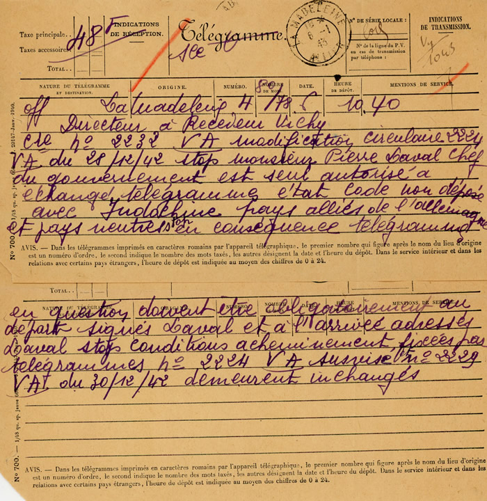 Télégramme  indiquant que Laval est seul habilité à signer des télégramme d'état