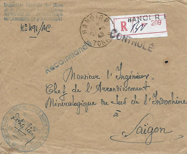 Lettre recommandée Hanoi-Saigon avril 1945