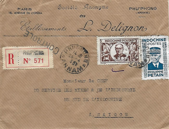 Lettre de PHU-Phong Annam pour Saigon  aau premier jour de la possibilité d'envoyer des recommandés 24/4/45