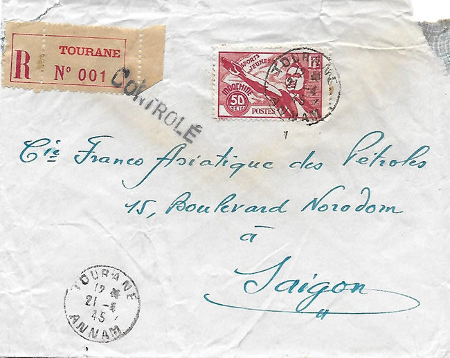 Lettre recommandée déposée le 21 avril 1945  censurée mais non acheminée