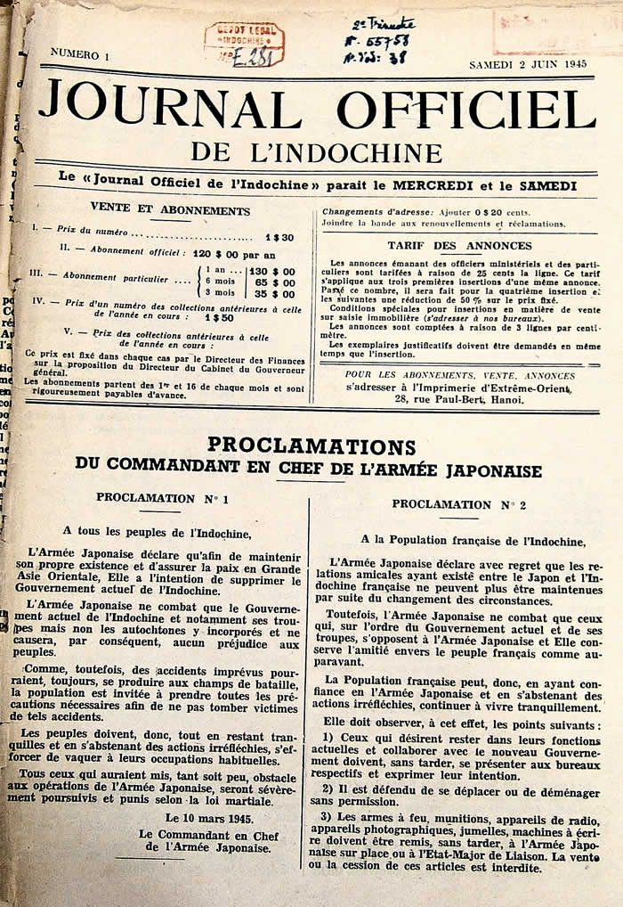 Proclamations japonaises au JO de l'Indochine