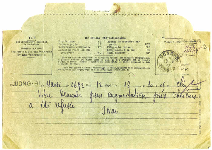 Télégramme japonais refusant nouveau prix charbon