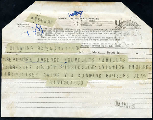 Télégramme de Kunming pour Tunis