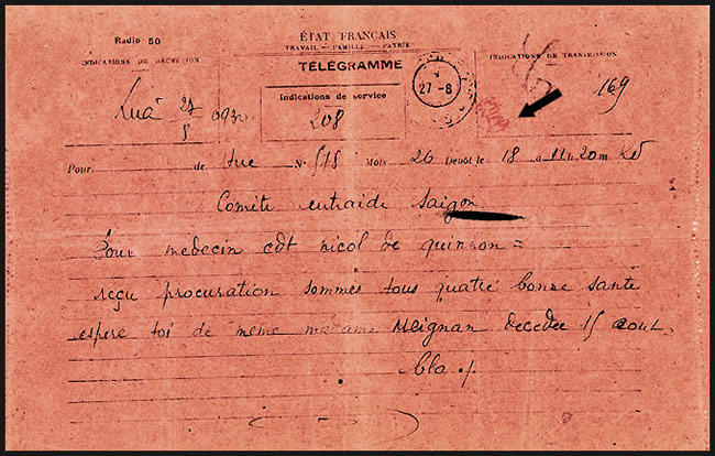 Télégramme adressé à un médecin militaire interné à saigon