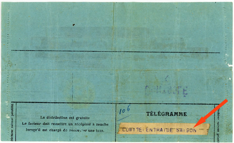 Télégramme pour un miliatire prisonnier à Saigon 1945