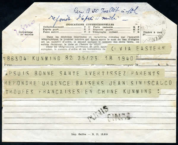 Télégramme de Kunming pour Tunis