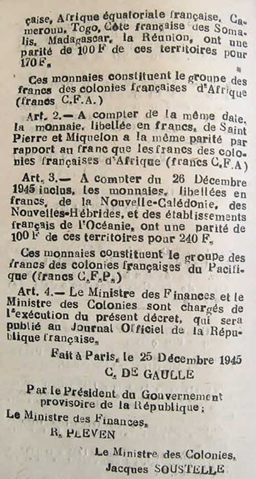 Création francs CFA et CFP