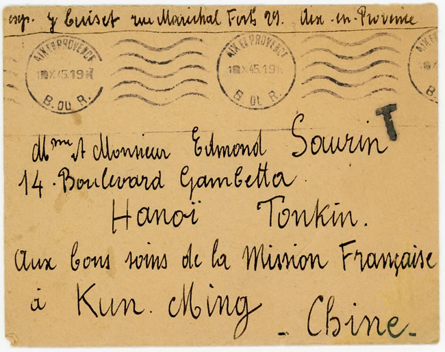 Lettre de Aix-en-provence pour Hanoi via Kunming octobre 1945