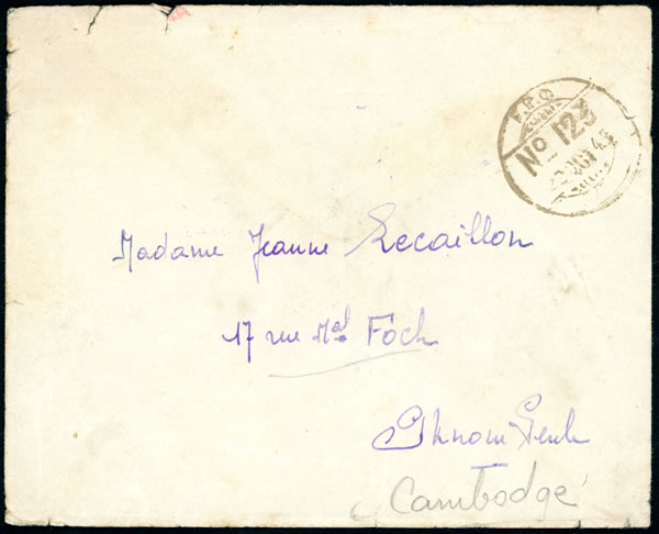 Lettre non affranchie de France apportée au Cambodge par les Gurkhas oct45