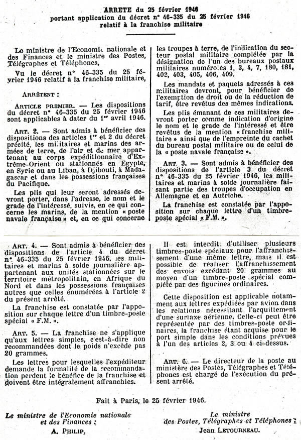 Arrêté du 26/2/46