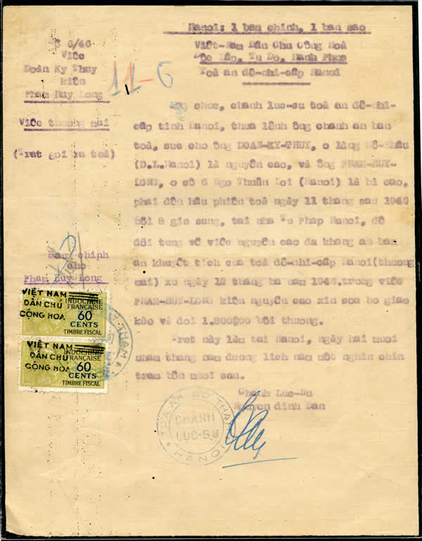 Fiscaux 60 cts surchargés sur document