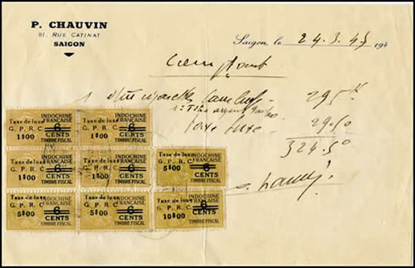 Timbres fiscaux de Cochinchine sur document