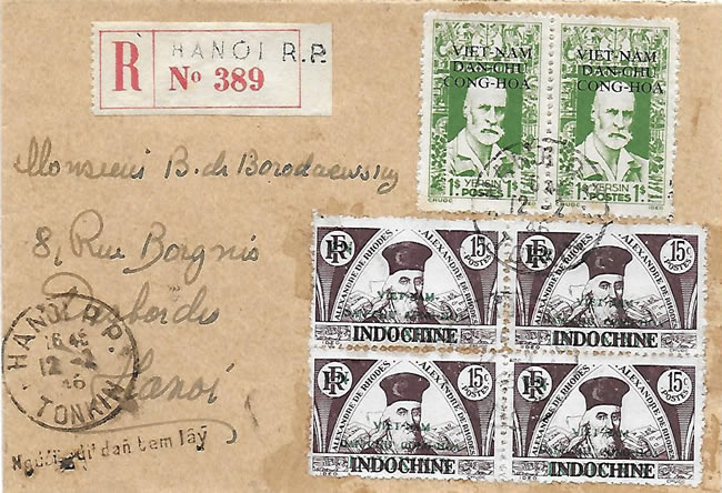 Lettre philatélique avec les deux types de surcharge vietminh du 1$ Yersin