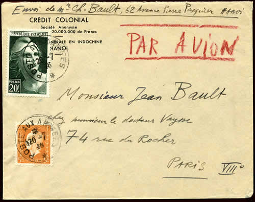 Lettre civile de Hanoi oblitérée Poste aux Armées 20-7-46