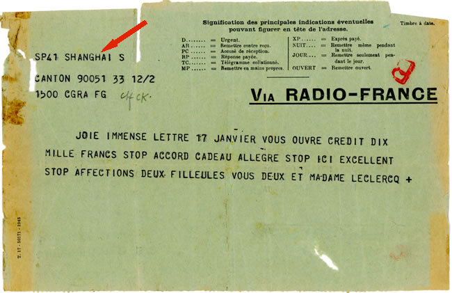 Télégramme de Shanghai février 1946