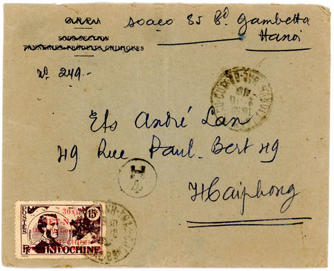 Lettre affranchie avec le timbre vietminh 30xu sur 15cts-Garnier et avec censure