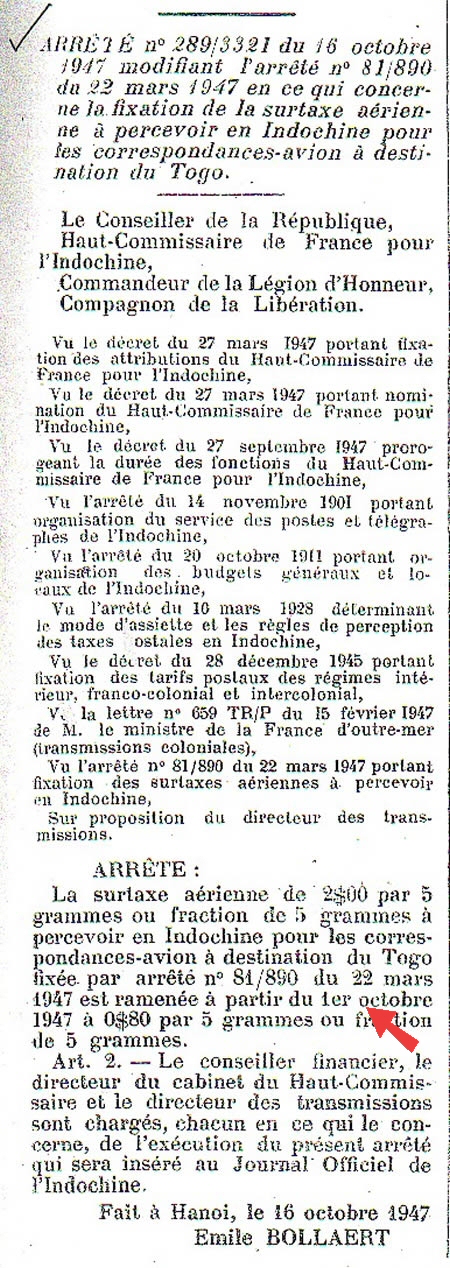 Arrêté surtaxes aériennes pour le Togo