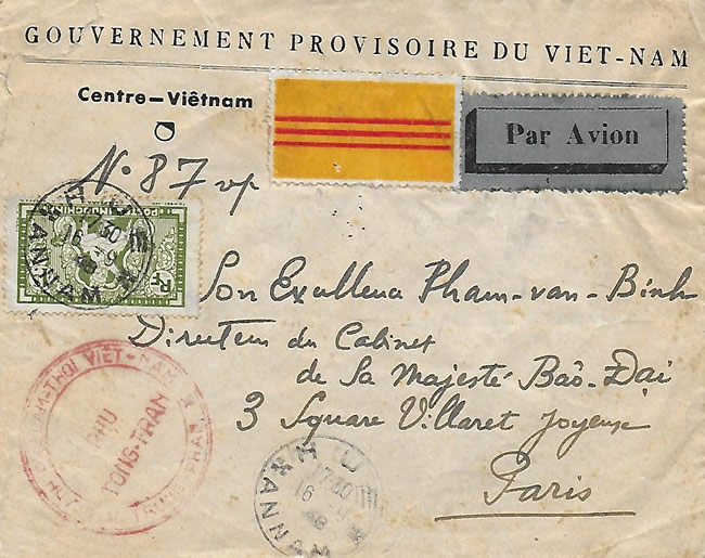 Lettre à entete du Gouvernement provisoire du Vietnam avec vignette de franchise