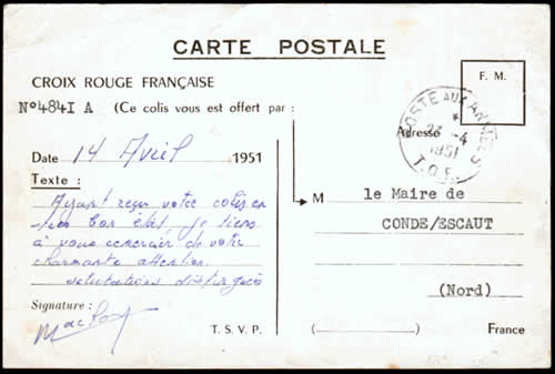 Carte Croix-Rouge de réception de colis