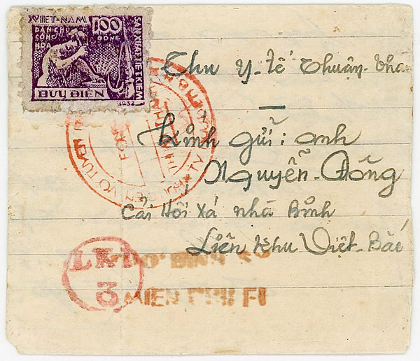 Lettre avec cachet postal rouge, affranchie à 100d forgeron et cachet de censure LK1