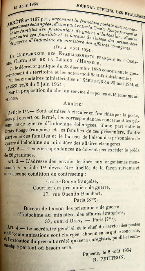 arr^été sur la franchise pour le bureau des prisonniers d'Indochine