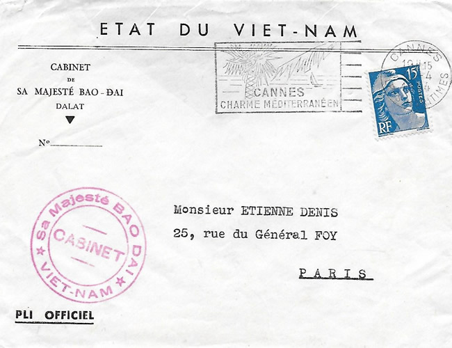 Lettre du Cabinet de Bao Dai à Cannes avril 1954