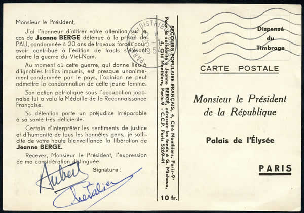 Carte de pétition en faveur de Jeanne Bergé