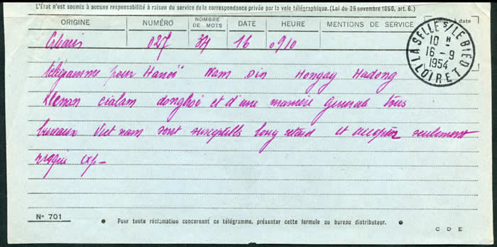 Annonce de retards pour les télégrammes vers le Nord Vietnam