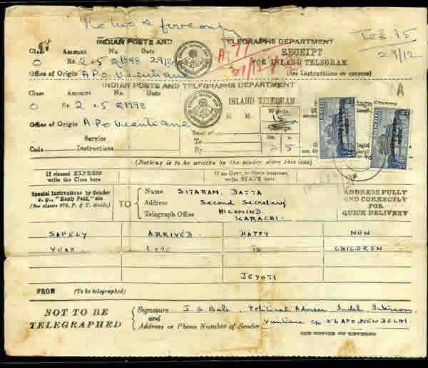 Télégramme Commission Indienne