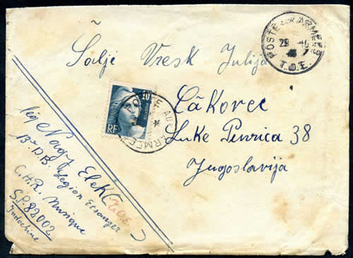 Affranchissement gratuit 10F oblitéré "POSTE AUX ARMEES sans étoile