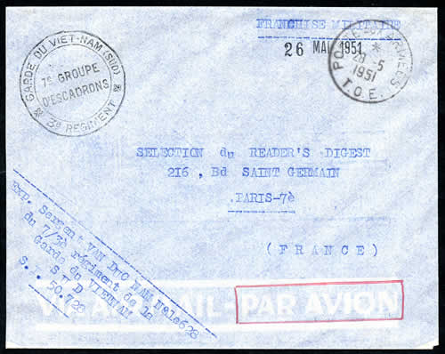 Lettre d'un soldat de la garde du Vietnam SP français oblitération Poste aux Armées