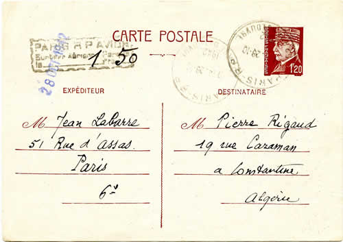 CP Pétain avec surtaxe avion tampon