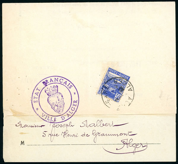 Convocation avec cachet Etat Français Ville d'Alger