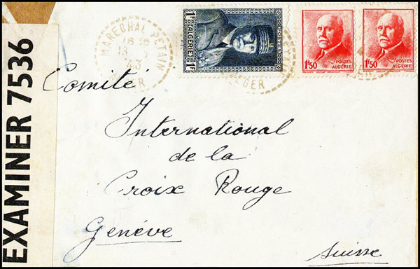 Lettre pour la Croix Rouge à Genève oblitérée du cachet MARECHAL PETAIN ALGER