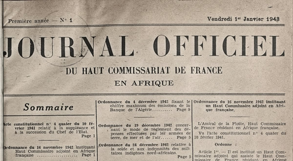Journal Officiel No 1 du haut-Commissariat de France en Afrique 1943