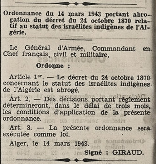 Ordonnance re-abrogeant le statut Crémieux des Juifs indigènes de l'Algérie