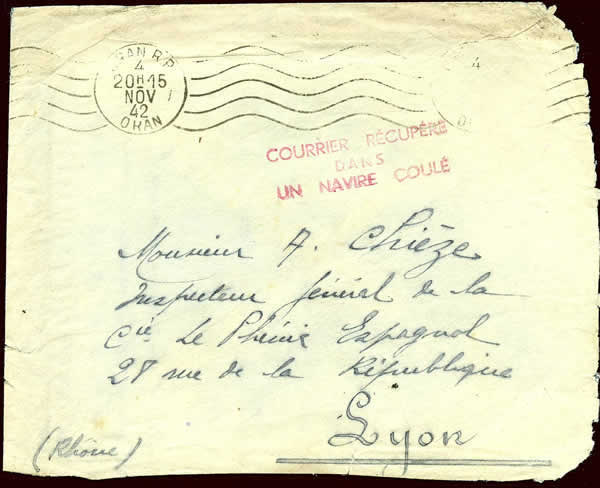 Courrier récupéré à bord d'un navire coulé