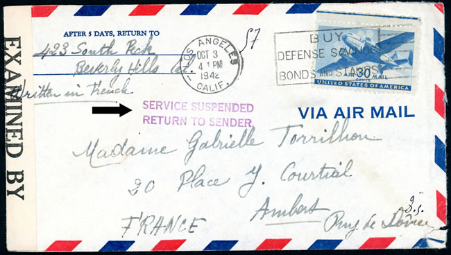 Lettre de Californie pour la France bloquée  à New-York en raison de l'invasion de la zone "non-occupée" à la suite du débarquement en Afrique du Nord