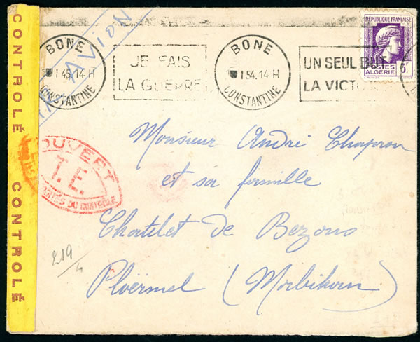 Lettre censurée de Bône 1945 avec OMEC double