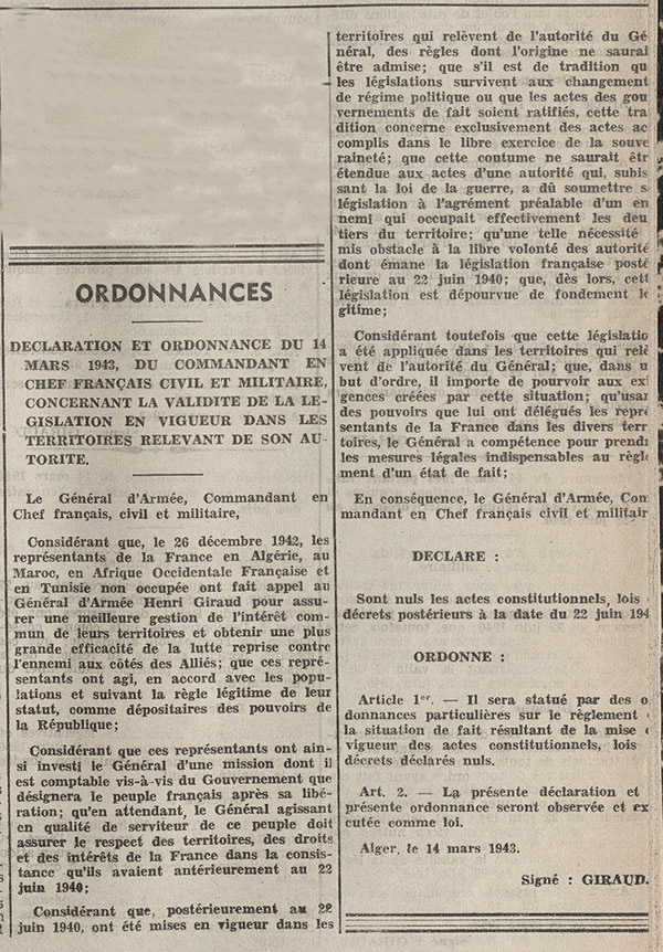 Ordonnance du général Giraud rétablissant, presque, toutes les lois républicaines)