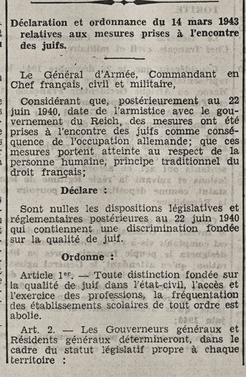 Ordonnace du général Giraud abrogeant les sanctoions contre les Juifs