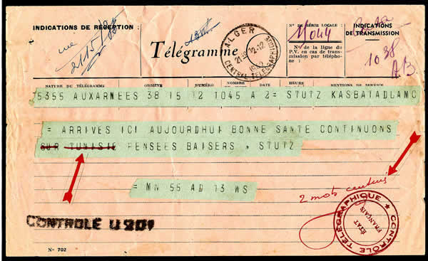 Télégramme censuré mentionnant le départ vers la Tunisie