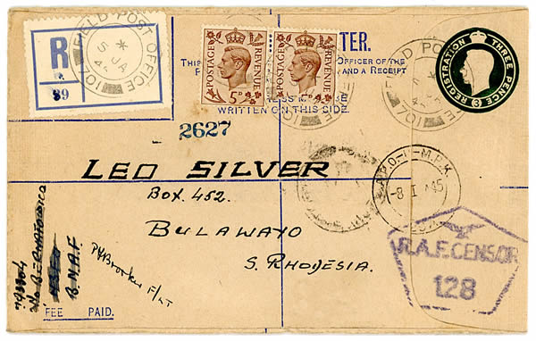 Entier postal recommandé utilisé à Blida par les Britanniques pour la Rhodésie