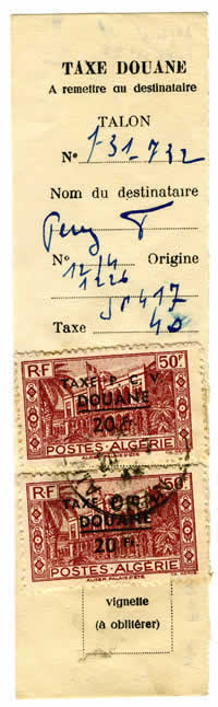 Talon de dedouanement pour deux colis